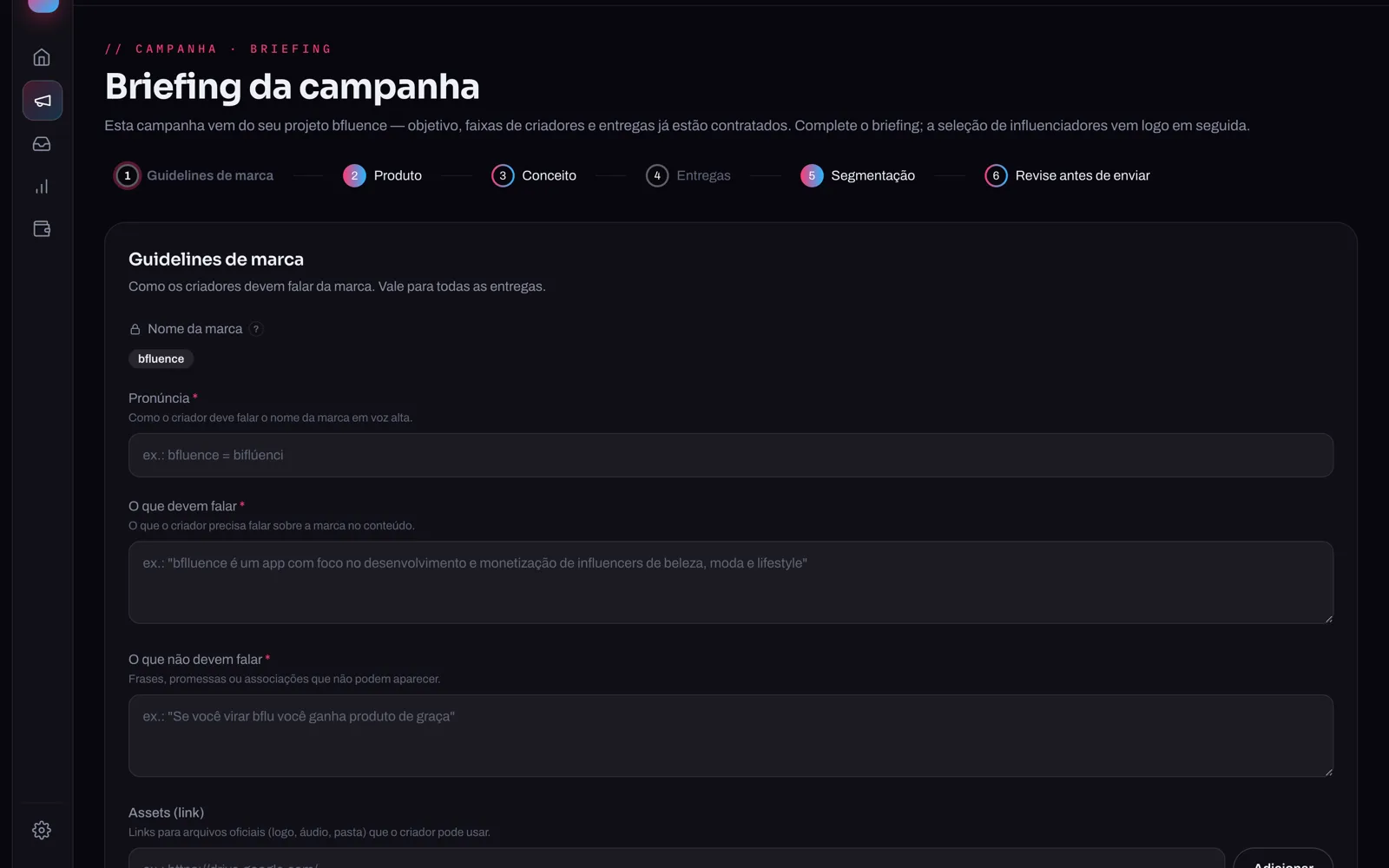 Tela de briefing guiado do portal bfluence, com os 6 passos visíveis