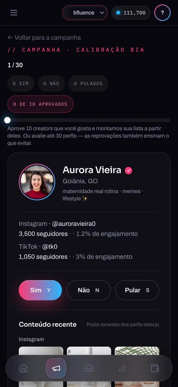 Calibração da BIA no celular: card de creator no meio do gesto de aprovar
